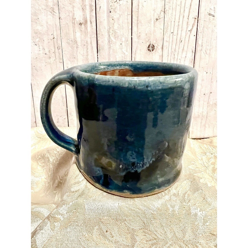 DeWitt Signed Hand Thrown Art Pottery Blue Drip Glaze Coffee Mug Thumb Rest